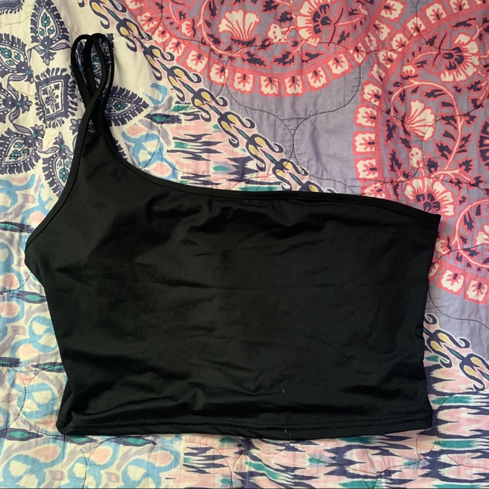 Black One Shoulder Double Strap Tank Crop Top